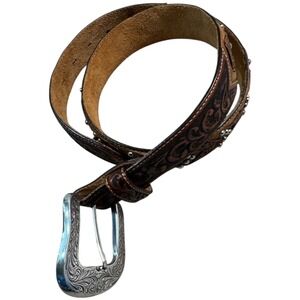 Tony Lama Western Tooled Leather Belt Silver Buckle Size 34 Brown with Studs